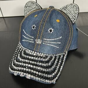 New Women's Cat Ear Rhinestone & Blue Bling Baseball Cap Adjustable Fashion Hat